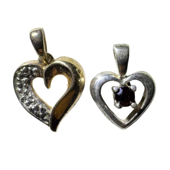 Vintage Dainty Sterling Silver Heart Pendants Garnet Diamond Lot - Picture 1 of 4